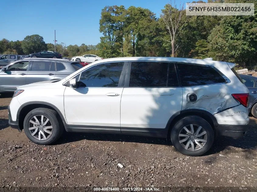 2021 Honda Pilot Awd Ex VIN: 5FNYF6H35MB022456 Lot: 40576400