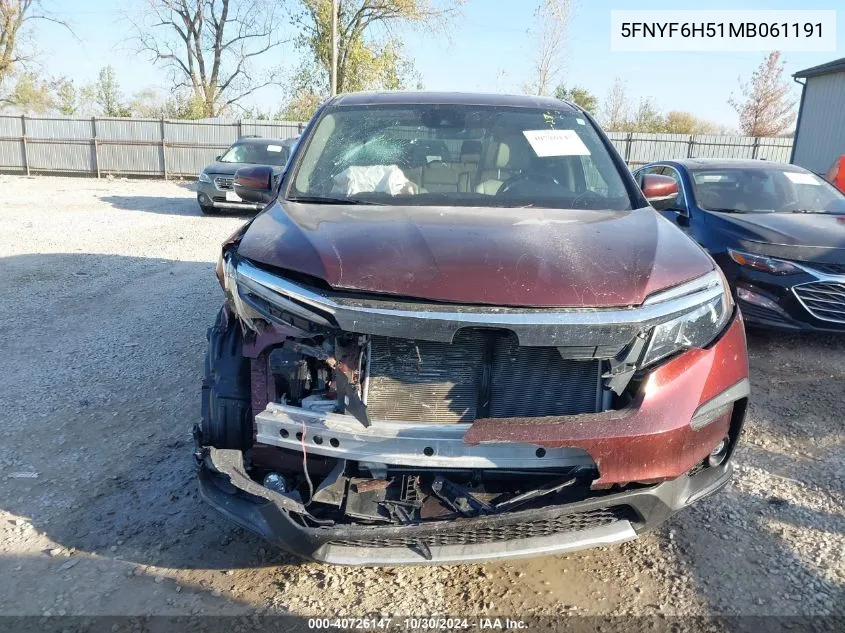 2021 Honda Pilot Awd Ex-L VIN: 5FNYF6H51MB061191 Lot: 40726147