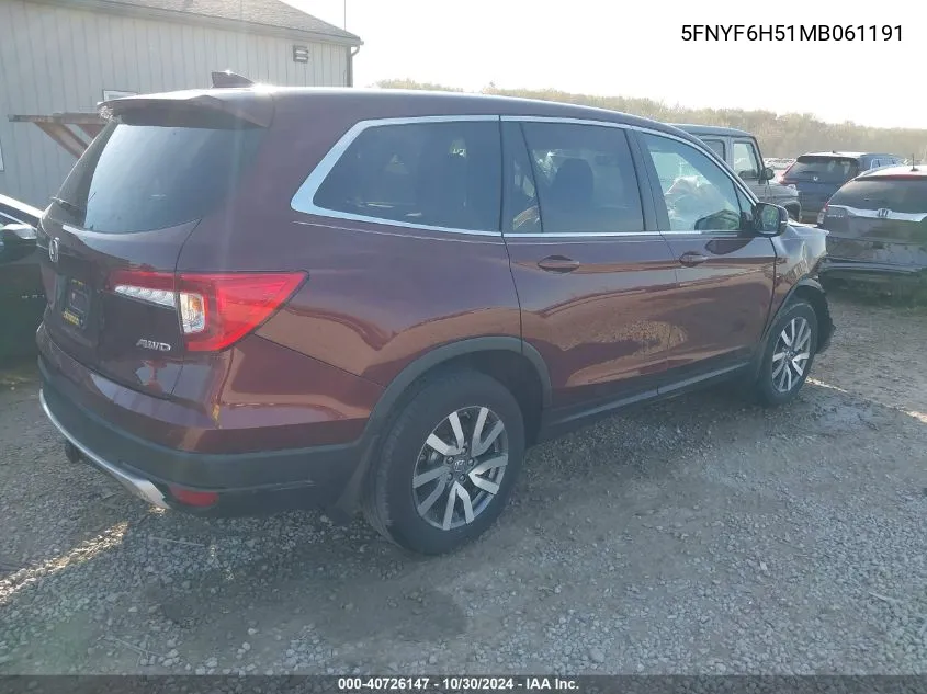 2021 Honda Pilot Awd Ex-L VIN: 5FNYF6H51MB061191 Lot: 40726147