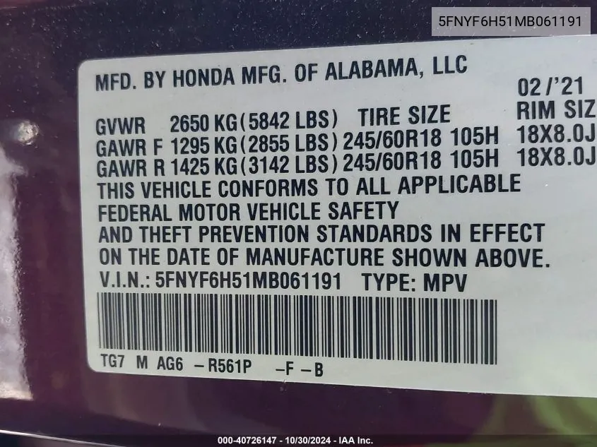 2021 Honda Pilot Awd Ex-L VIN: 5FNYF6H51MB061191 Lot: 40726147