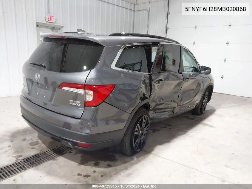 2021 Honda Pilot Awd Special Edition VIN: 5FNYF6H28MB020868 Lot: 40729915