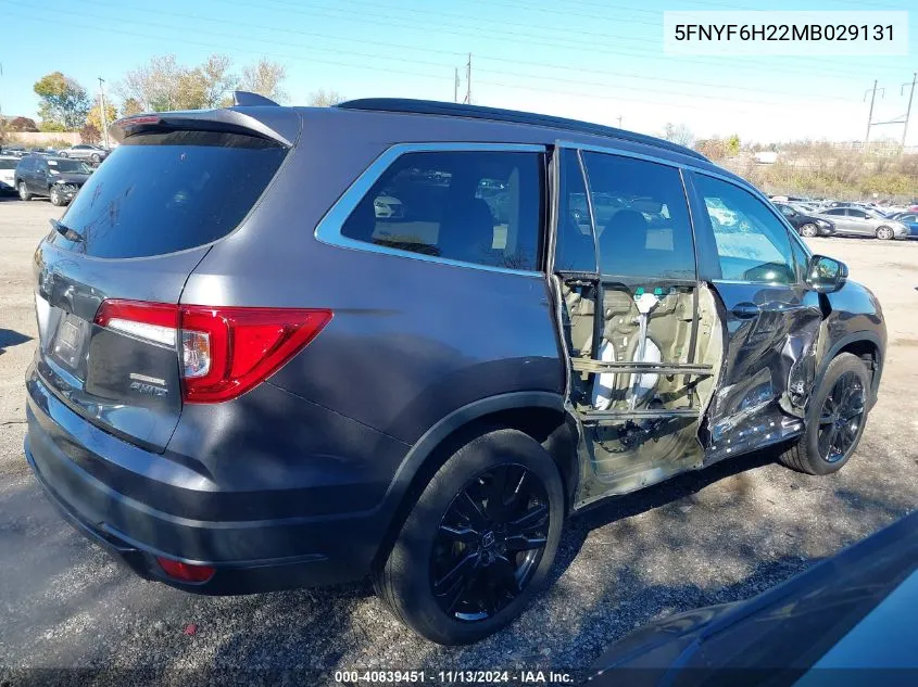 2021 Honda Pilot Awd Special Edition VIN: 5FNYF6H22MB029131 Lot: 40839451