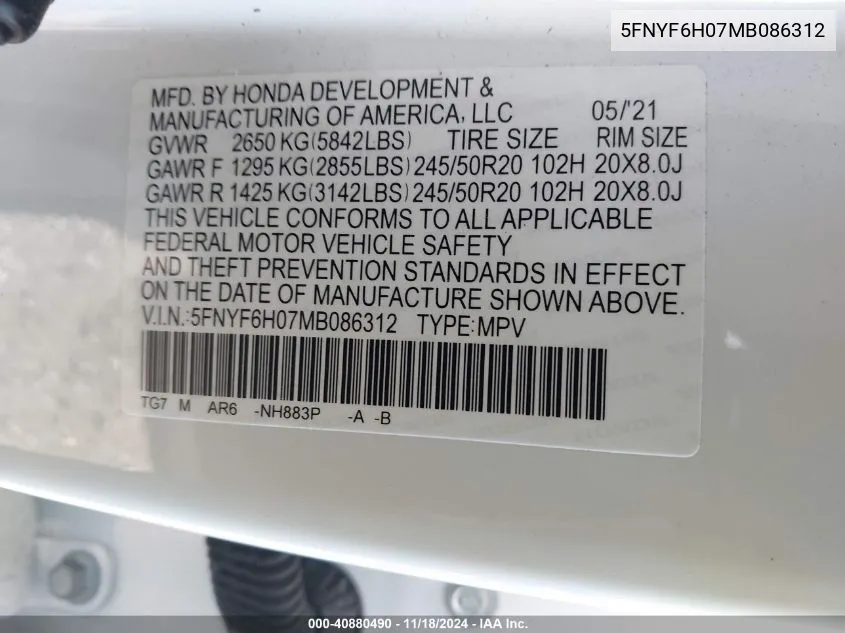 2021 Honda Pilot Elite VIN: 5FNYF6H07MB086312 Lot: 40880490