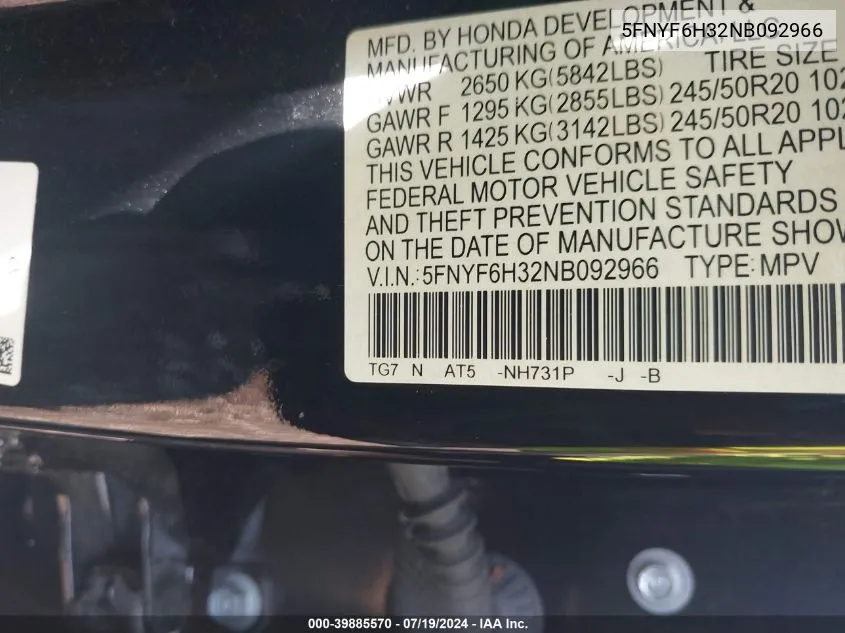 2022 Honda Pilot Awd Sport VIN: 5FNYF6H32NB092966 Lot: 39885570