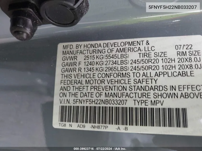 2022 Honda Pilot 2Wd Special Edition VIN: 5FNYF5H22NB033207 Lot: 39923716