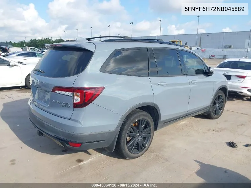 2022 Honda Pilot Awd Black Edition VIN: 5FNYF6H72NB045889 Lot: 40064128