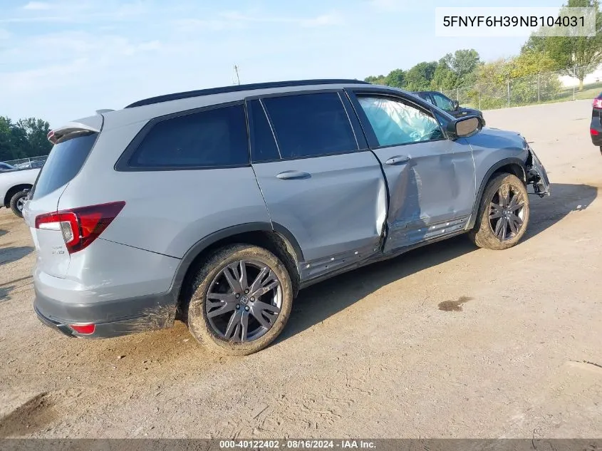 2022 Honda Pilot Awd Sport VIN: 5FNYF6H39NB104031 Lot: 40122402