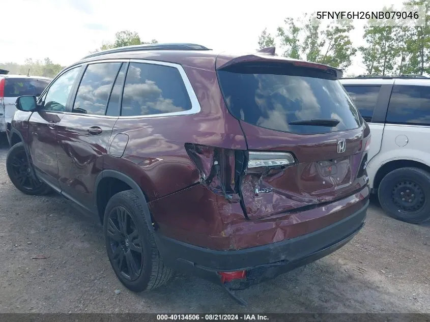 2022 Honda Pilot Se VIN: 5FNYF6H26NB079046 Lot: 40134506