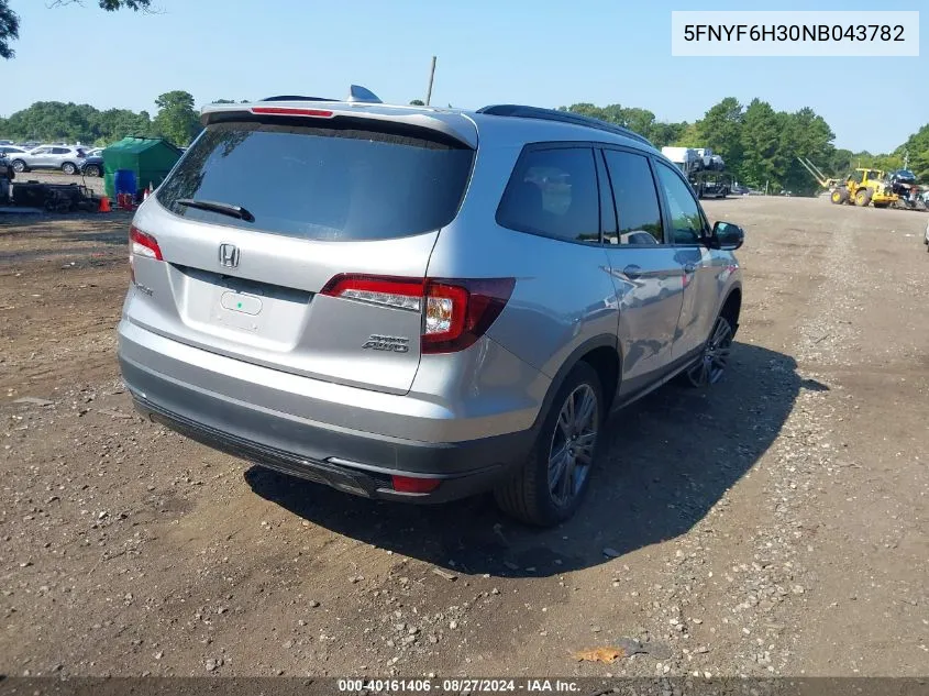 2022 Honda Pilot Awd Sport VIN: 5FNYF6H30NB043782 Lot: 40161406