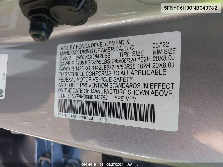 2022 Honda Pilot Awd Sport VIN: 5FNYF6H30NB043782 Lot: 40161406