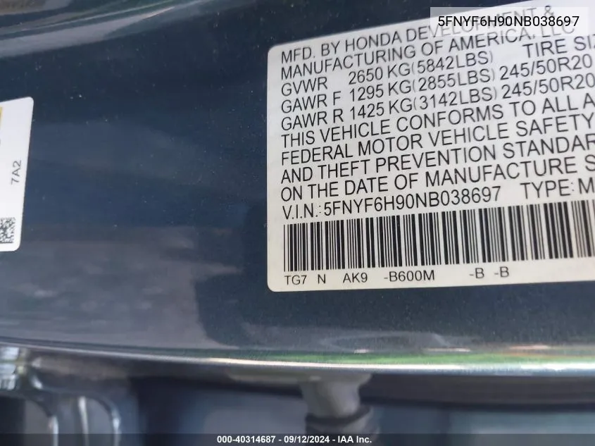 2022 Honda Pilot Touring VIN: 5FNYF6H90NB038697 Lot: 40314687