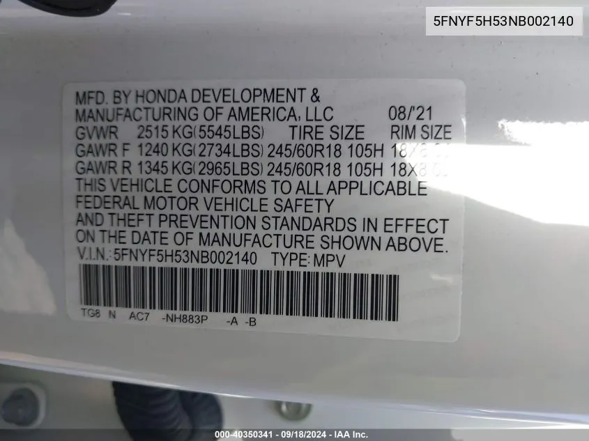 2022 Honda Pilot Exl VIN: 5FNYF5H53NB002140 Lot: 40350341