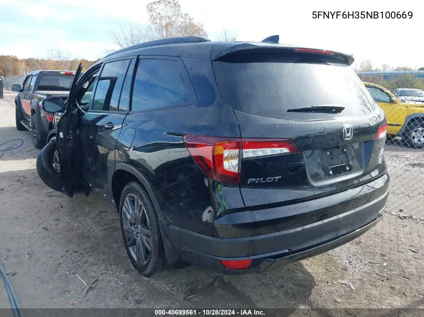 2022 Honda Pilot Awd Sport VIN: 5FNYF6H35NB100669 Lot: 40699561