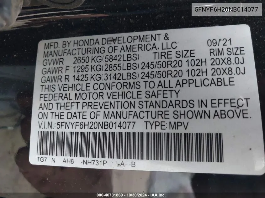 2022 Honda Pilot Awd Special Edition VIN: 5FNYF6H20NB014077 Lot: 40731869