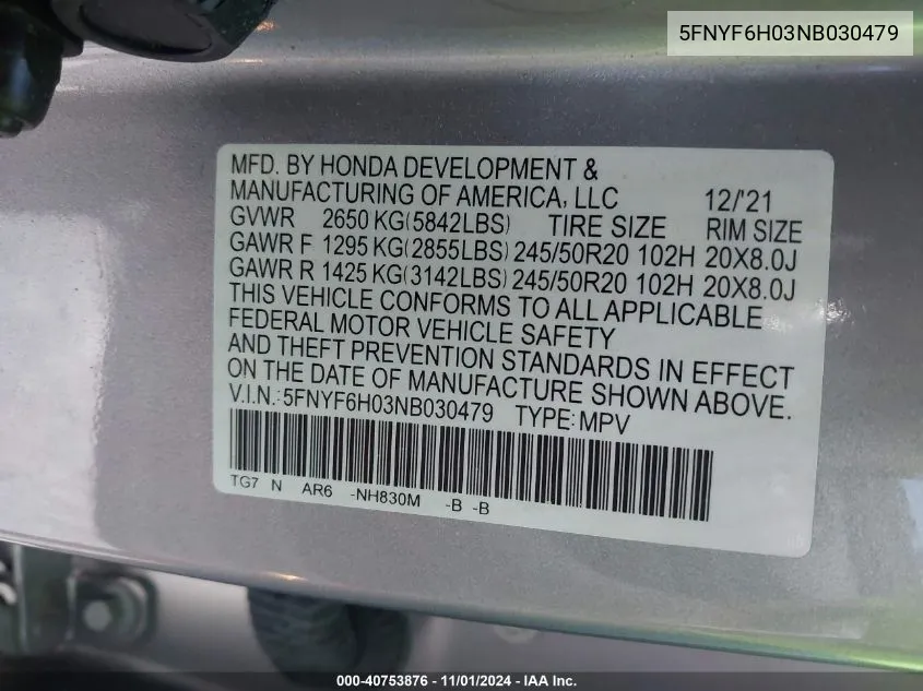 2022 Honda Pilot Awd Elite VIN: 5FNYF6H03NB030479 Lot: 40753876