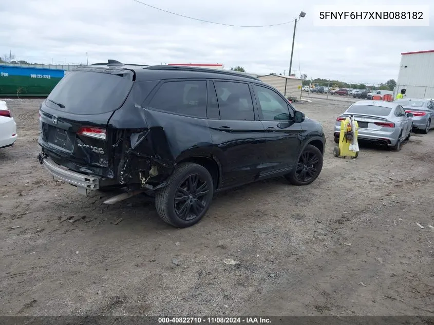 2022 Honda Pilot Awd Black Edition VIN: 5FNYF6H7XNB088182 Lot: 40822710