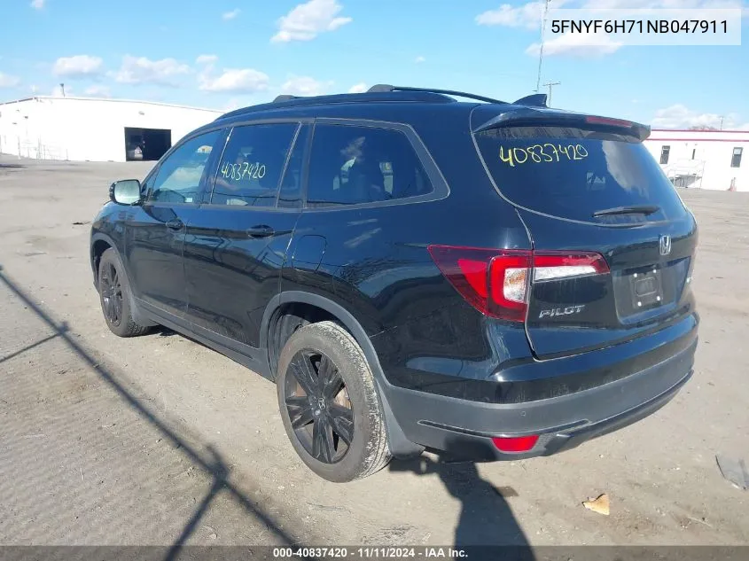 2022 Honda Pilot Awd Black Edition VIN: 5FNYF6H71NB047911 Lot: 40837420