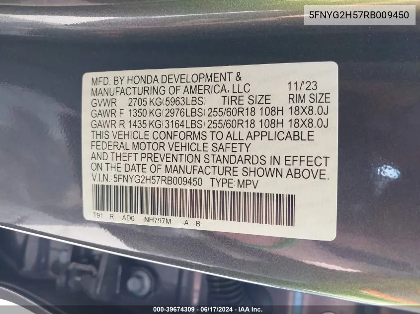 2024 Honda Pilot 2Wd Ex-L 7 Passenger VIN: 5FNYG2H57RB009450 Lot: 39674309