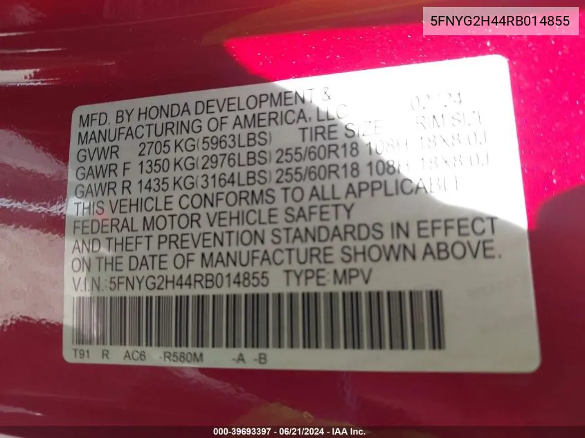 2024 Honda Pilot 2Wd Ex-L VIN: 5FNYG2H44RB014855 Lot: 39693397