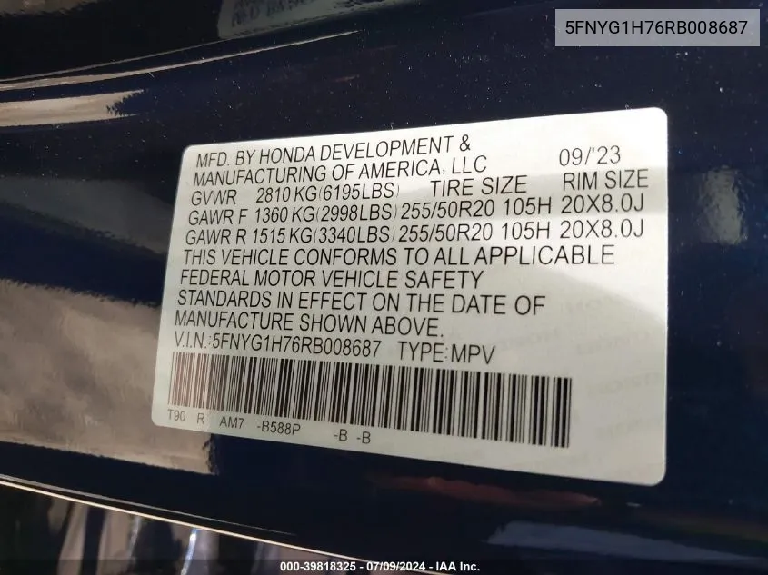 2024 Honda Pilot Awd Touring VIN: 5FNYG1H76RB008687 Lot: 39818325