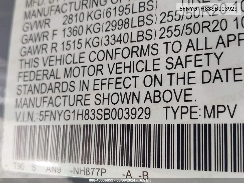 2025 Honda Pilot Awd Elite VIN: 5FNYG1H83SB003929 Lot: 40036855