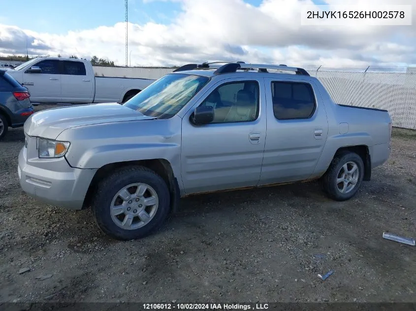 2006 Honda Ridgeline VIN: 2HJYK16526H002578 Lot: 12106012