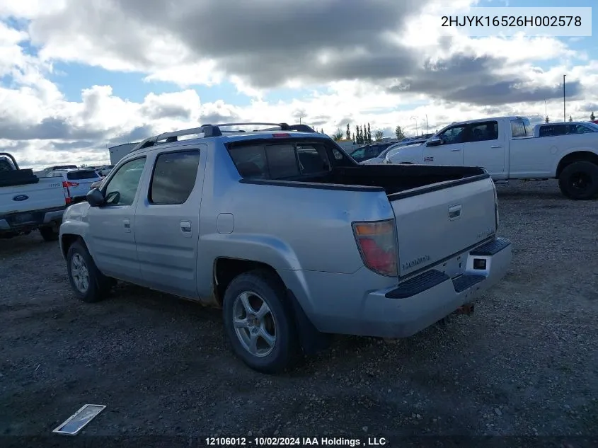 2006 Honda Ridgeline VIN: 2HJYK16526H002578 Lot: 12106012