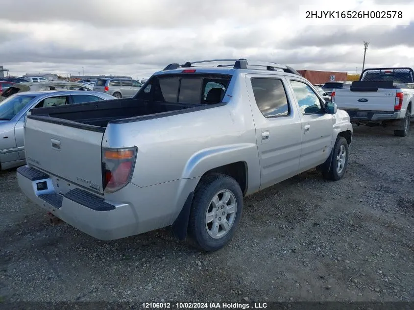 2006 Honda Ridgeline VIN: 2HJYK16526H002578 Lot: 12106012