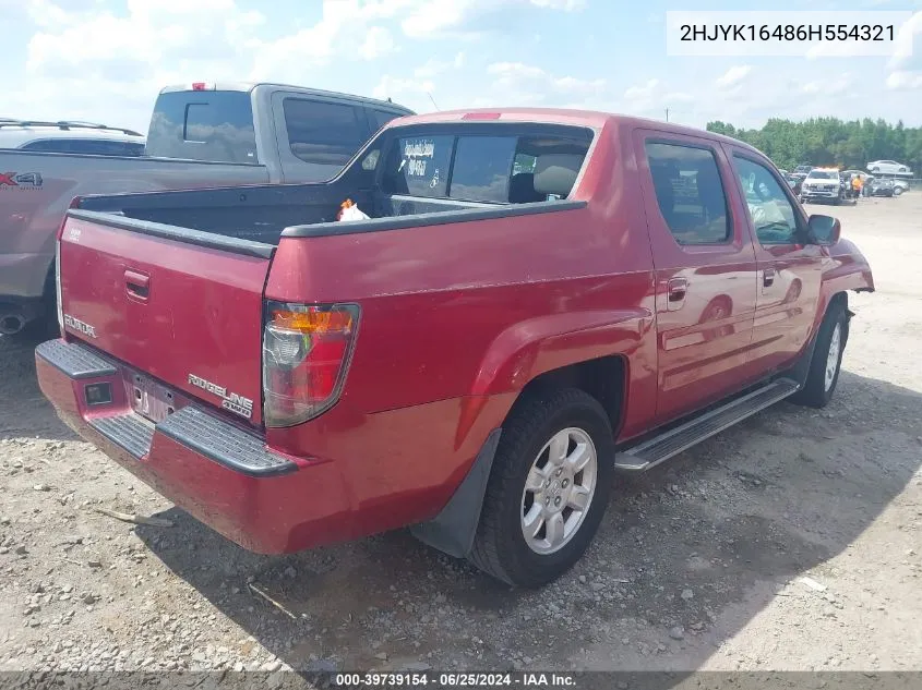 2006 Honda Ridgeline Rts VIN: 2HJYK16486H554321 Lot: 39739154