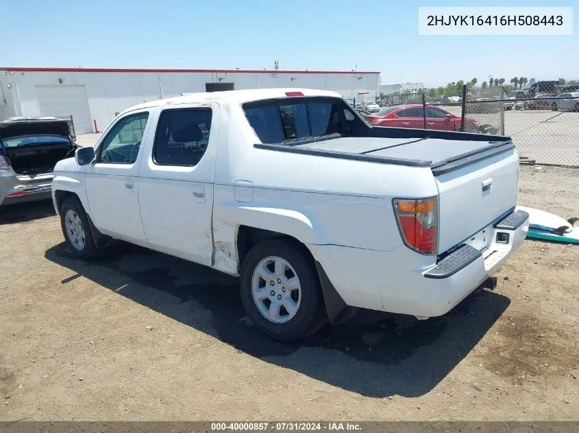 2006 Honda Ridgeline Rts VIN: 2HJYK16416H508443 Lot: 40000857