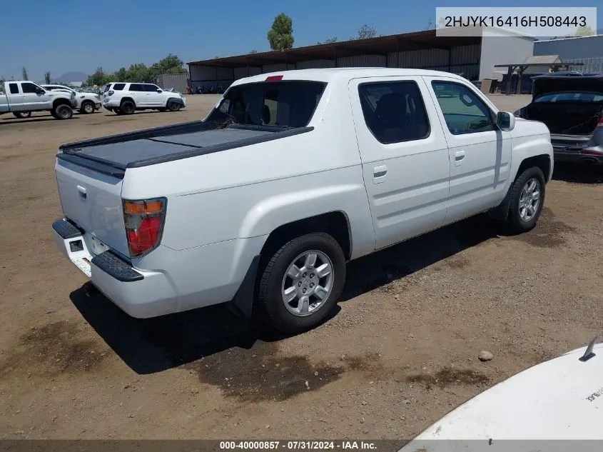 2006 Honda Ridgeline Rts VIN: 2HJYK16416H508443 Lot: 40000857