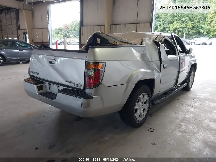 2006 Honda Ridgeline Rtl VIN: 2HJYK16546H553806 Lot: 40118233