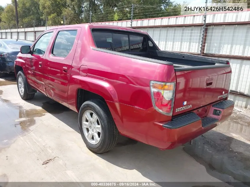 2006 Honda Ridgeline Rts VIN: 2HJYK16426H542486 Lot: 40336875