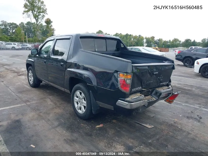 2006 Honda Ridgeline Rtl VIN: 2HJYK16516H560485 Lot: 40347049