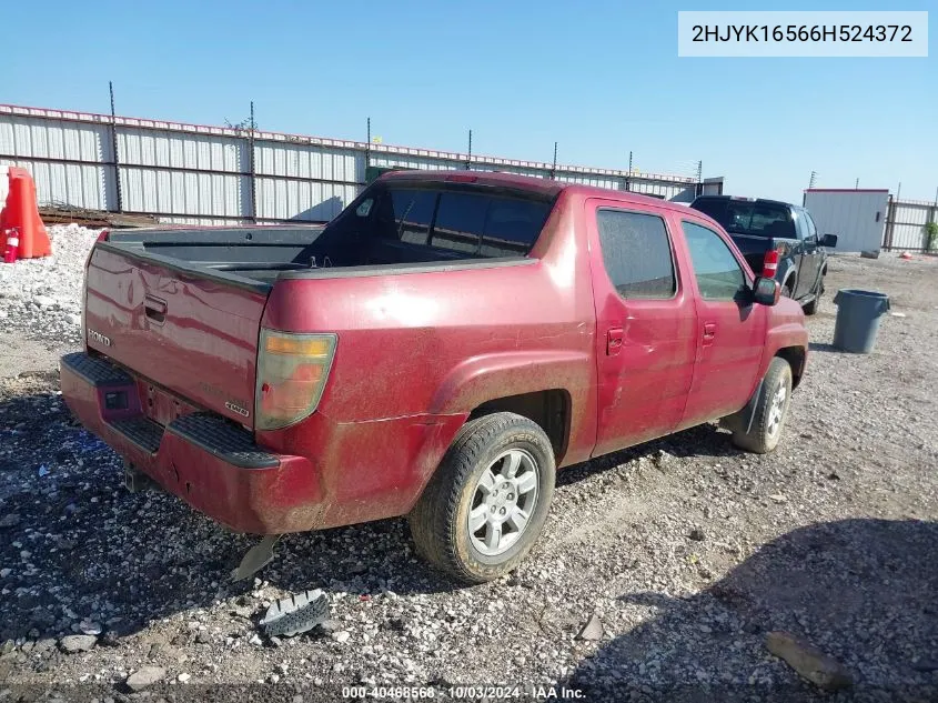 2006 Honda Ridgeline Rtl VIN: 2HJYK16566H524372 Lot: 40468568