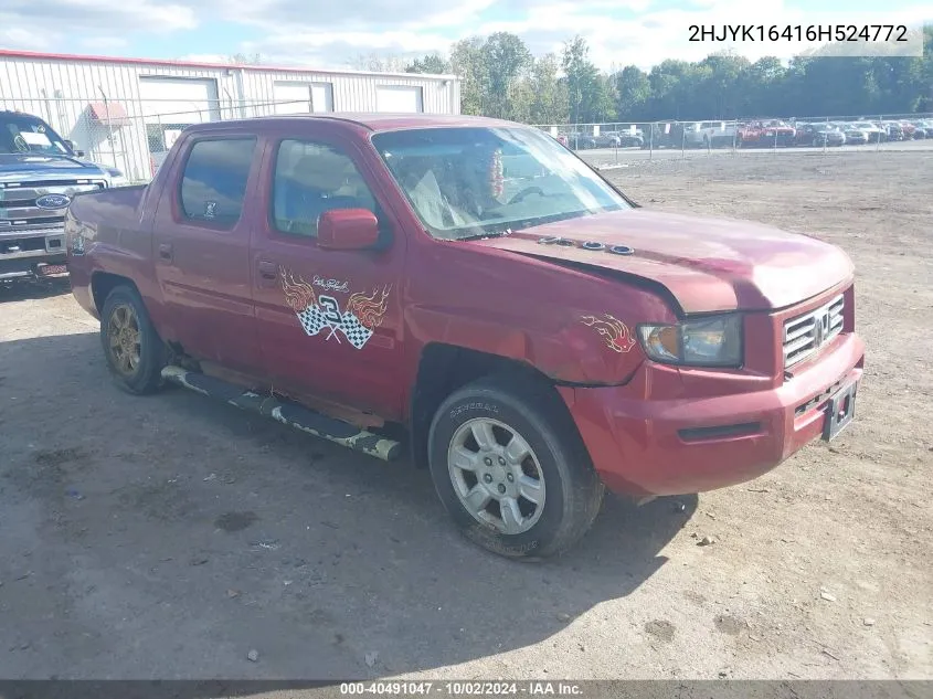 2006 Honda Ridgeline Rts VIN: 2HJYK16416H524772 Lot: 40491047