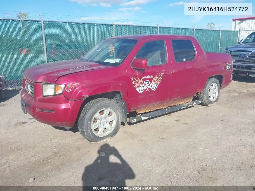 2006 Honda Ridgeline Rts VIN: 2HJYK16416H524772 Lot: 40491047