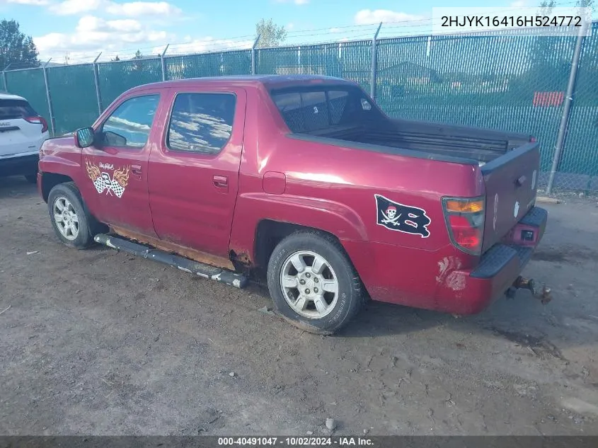 2006 Honda Ridgeline Rts VIN: 2HJYK16416H524772 Lot: 40491047