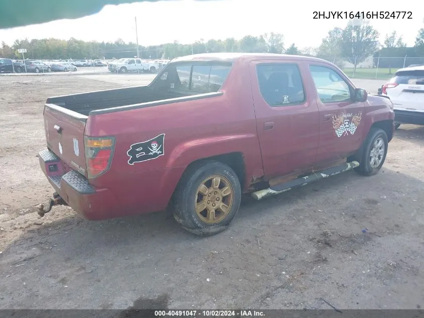 2006 Honda Ridgeline Rts VIN: 2HJYK16416H524772 Lot: 40491047