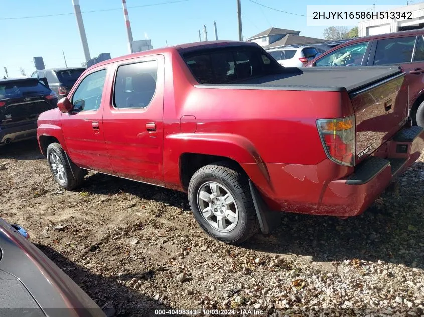 2006 Honda Ridgeline Rtl VIN: 2HJYK16586H513342 Lot: 40498343