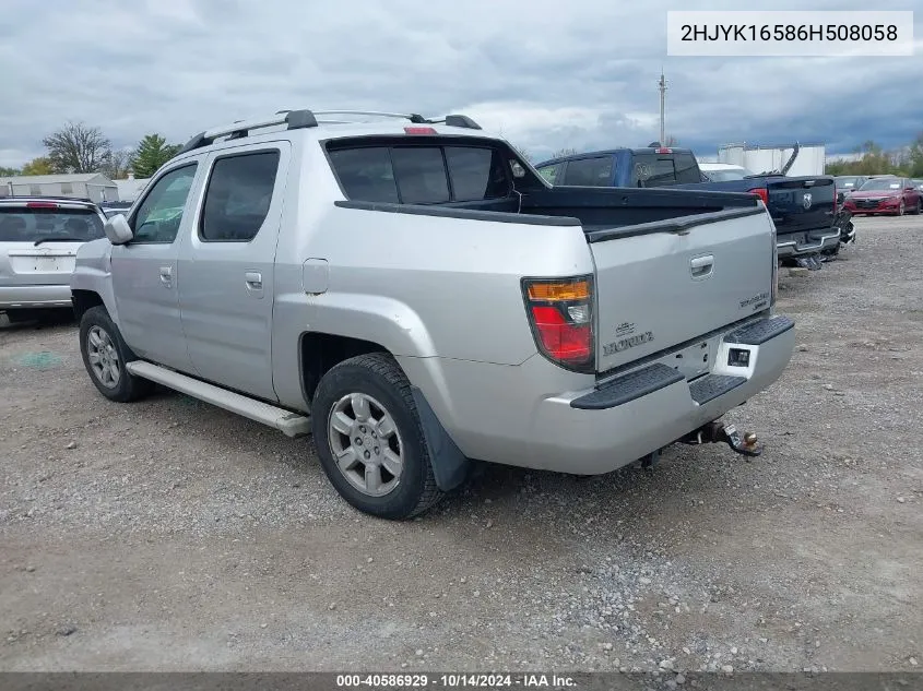 2006 Honda Ridgeline Rtl VIN: 2HJYK16586H508058 Lot: 40586929