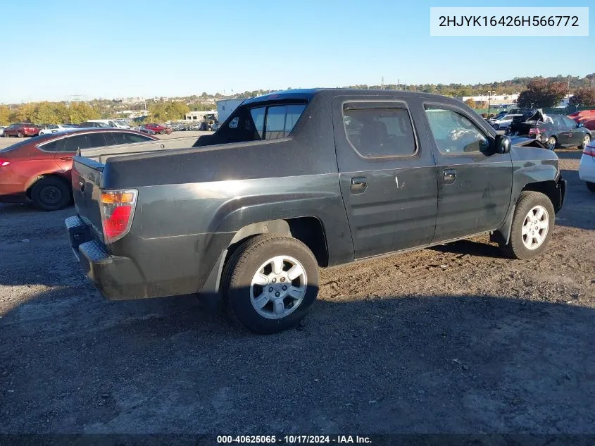 2006 Honda Ridgeline Rts VIN: 2HJYK16426H566772 Lot: 40625065