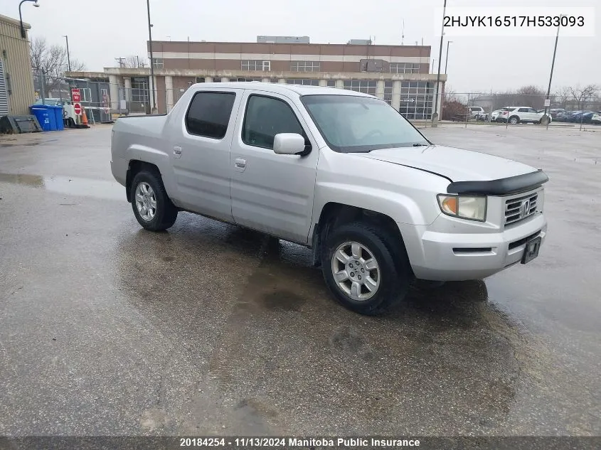 2007 Honda Ridgeline Rtl VIN: 2HJYK16517H533093 Lot: 20184254