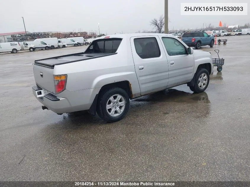 2007 Honda Ridgeline Rtl VIN: 2HJYK16517H533093 Lot: 20184254