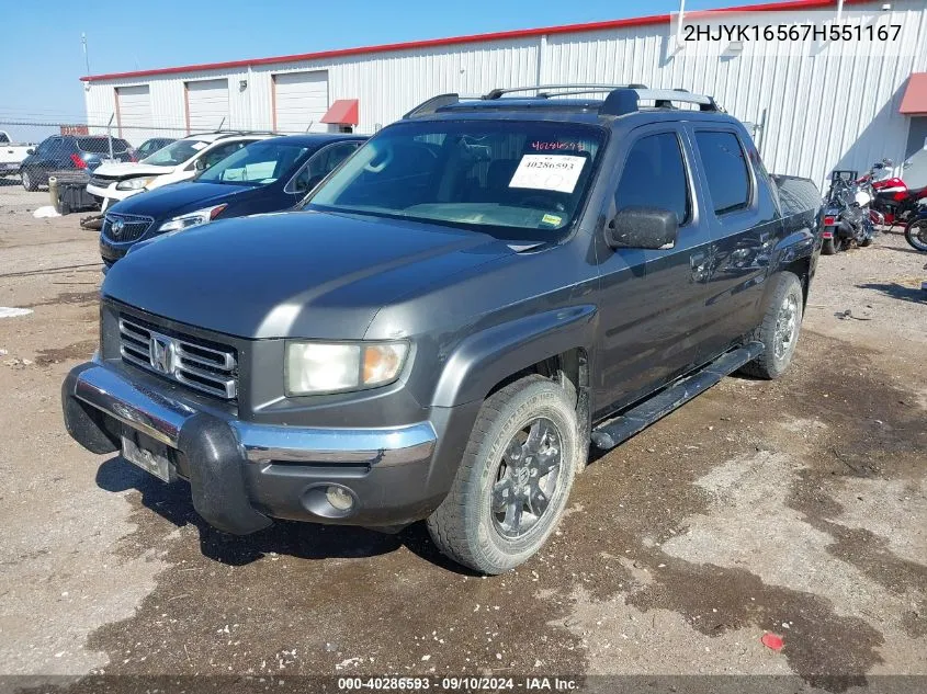 2007 Honda Ridgeline Rtl VIN: 2HJYK16567H551167 Lot: 40286593