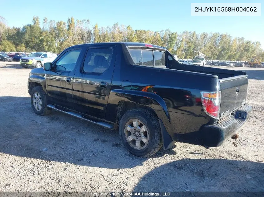 2008 Honda Ridgeline VIN: 2HJYK16568H004062 Lot: 12120136