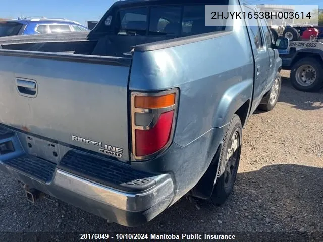 2008 Honda Ridgeline Ex-L VIN: 2HJYK16538H003614 Lot: 20176049