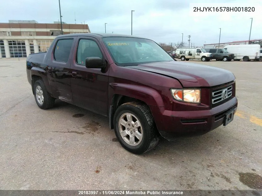 2008 Honda Ridgeline Ex-L VIN: 2HJYK16578H001820 Lot: 20183997