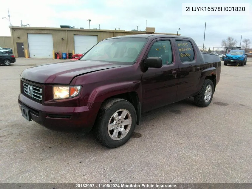 2008 Honda Ridgeline Ex-L VIN: 2HJYK16578H001820 Lot: 20183997