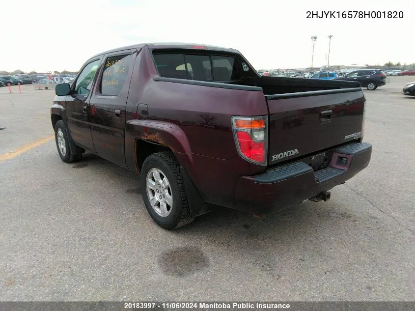 2008 Honda Ridgeline Ex-L VIN: 2HJYK16578H001820 Lot: 20183997